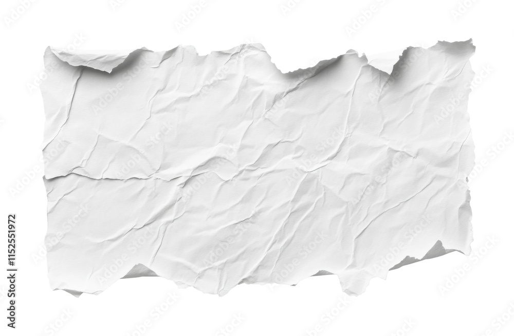 Ripped torn white paper sheet with textured wrinkles, creative scrapbooking material, vintage handmade look, artistic stationery design isolated on transparent background. Ripped torn white paper sheet with textured wrinkles, creative scrapbooking material, vintage handmade look, artistic stationery design isolated on transparent background.