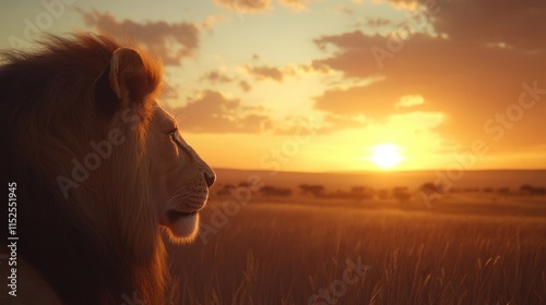 Majestic lion silhouette at sunset in African savanna. photo