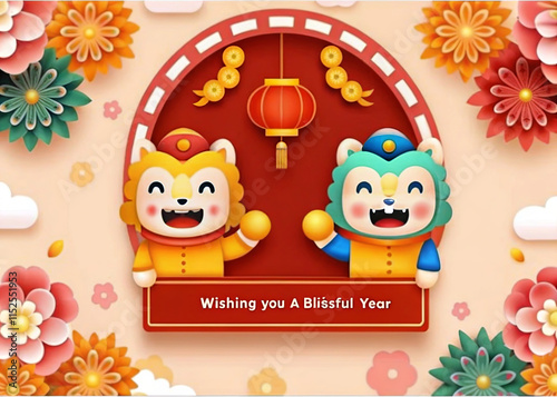 Cute Lion Characters Celebrating Lunar New Year with Floral Decorations