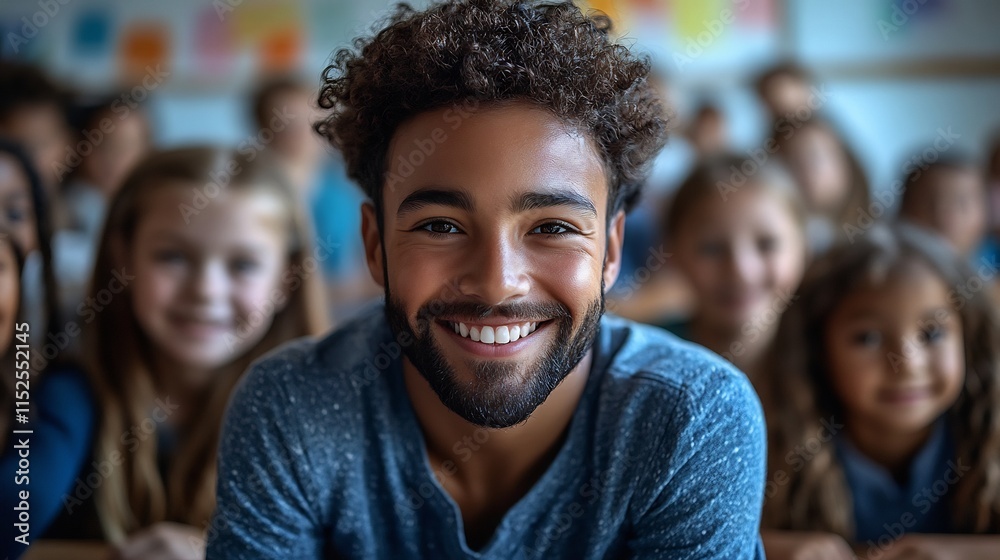 Group of diverse kids sitting in a futuristic classroom equipped with advanced technology bonding with their smiling teacher while engaged in interactive learning