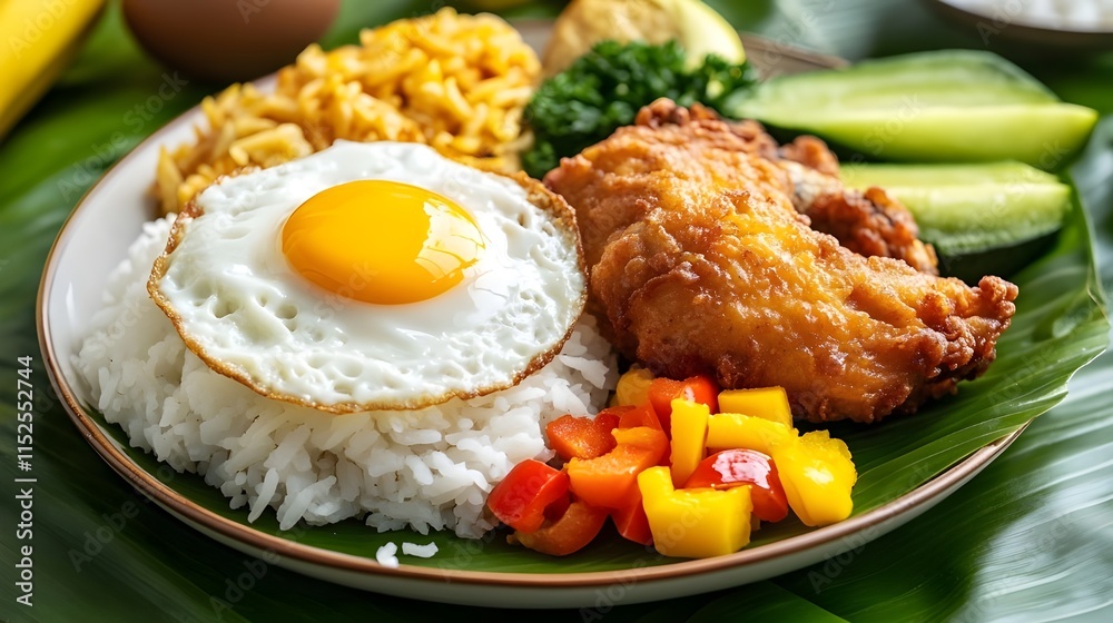 Plate of Fried Chicken Rice with Fried Egg. Plate of Fried Chicken Rice with Fried Egg.