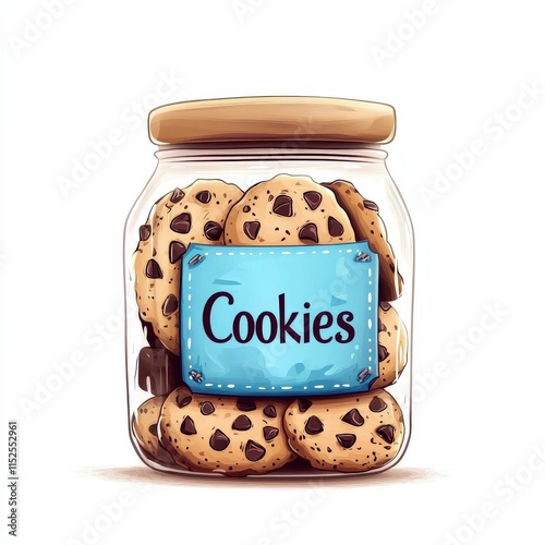 A glass jar filled with chocolate chip cookies with a blue label that says 