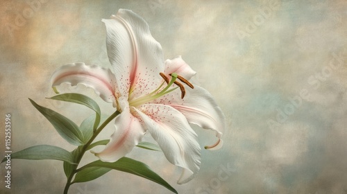 Elegant white lily flower with pink speckles on textured background.