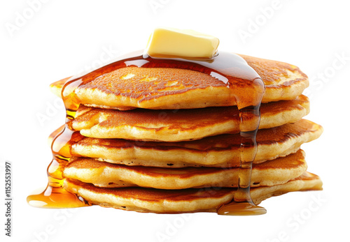 Stack of pancakes with melted butter and maple syrup, classic breakfast food, sweet dessert or brunch treat, golden fluffy texture isolated on transparent background