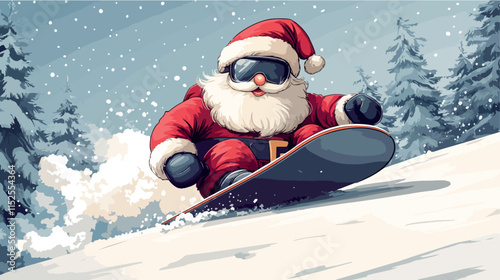 Santa Claus enjoys a thrilling snowboarding adventure in a snowy winter landscape