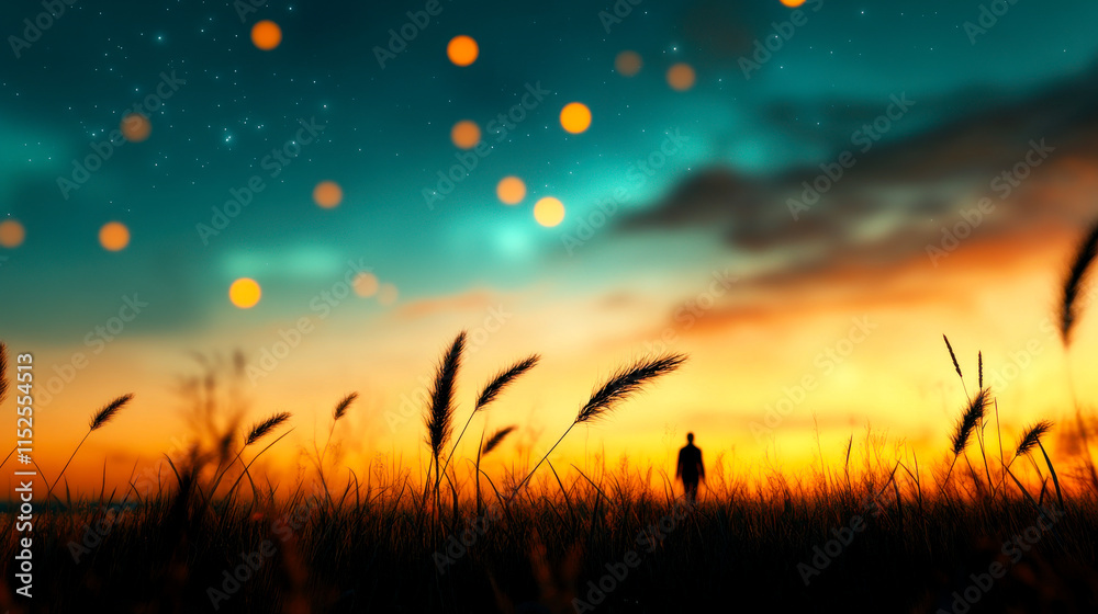 A serene landscape at sunset with a silhouetted figure amidst tall grass, illuminated by soft, glowing orbs in a vibrant sky. A serene landscape at sunset with a silhouetted figure amidst tall grass, illuminated by soft, glowing orbs in a vibrant sky.