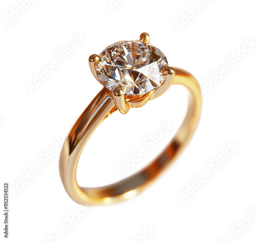 Golden engagement ring with large sparkling diamond in prong setting, luxury jewelry for weddings or proposals, high-quality craftsmanship, elegant design, isolated on transparent background