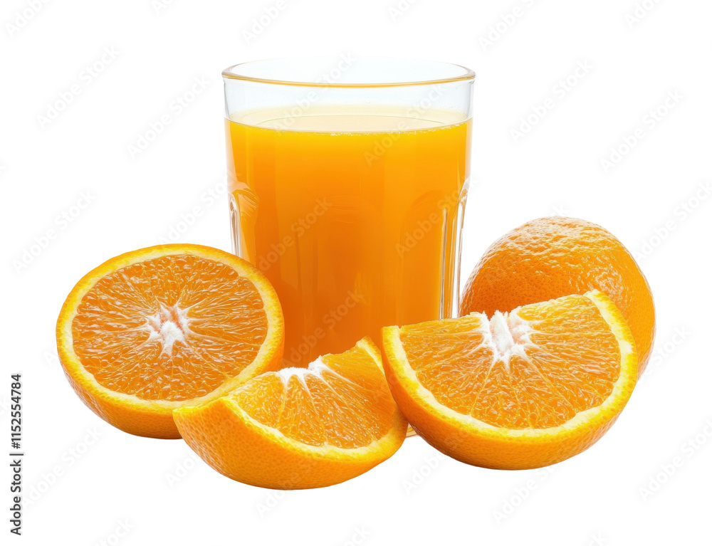 Freshly squeezed orange juice served with halved oranges. Isolated on transparent background, png. Freshly squeezed orange juice served with halved oranges. Isolated on transparent background, png.