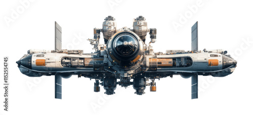 Fototapeta Naklejka Na Ścianę i Meble -  Space station with satellite arms extended, showcasing advanced design and technology in a cosmic environment. Isolated on transparent background, png.