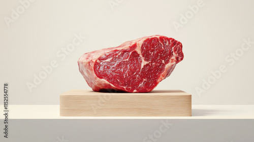 a visually striking depiction of a raw meat cut, deep emerald and red tones with intricate patterns, perched on a light maple wood board, minimalist yet refined, bright directional lighting illuminate photo