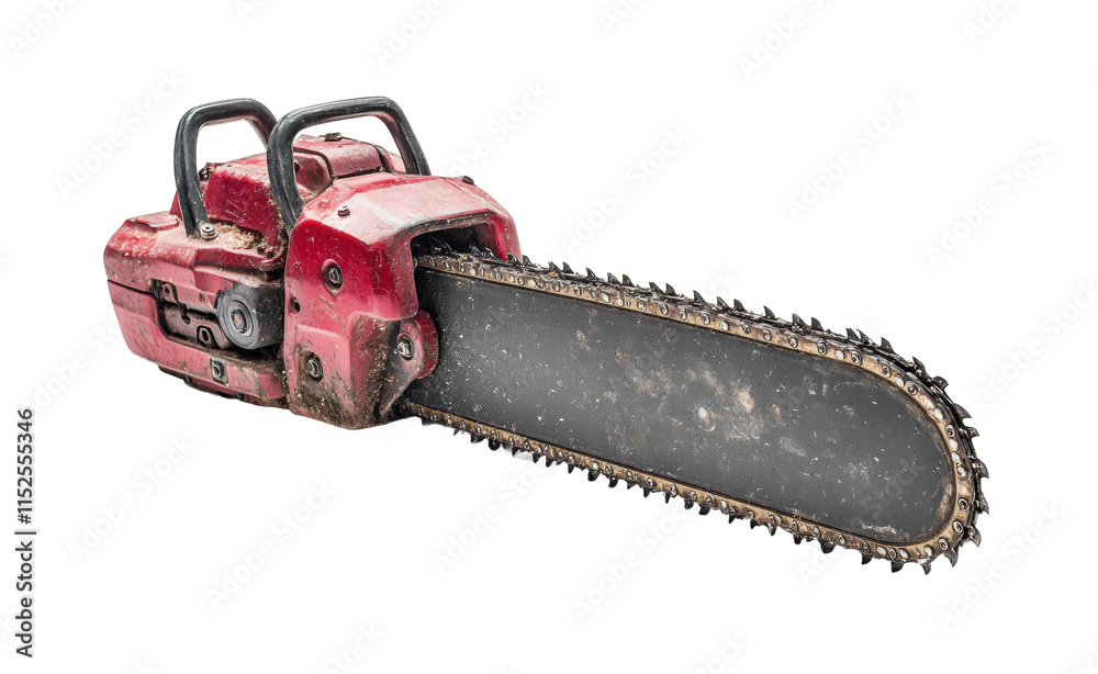Red chainsaw with worn blade, powerful cutting tool for woodwork and forestry, rugged and functional, construction, machinery, heavy-duty equipment, isolated on transparent background Red chainsaw with worn blade, powerful cutting tool for woodwork and forestry, rugged and functional, construction, machinery, heavy-duty equipment, isolated on transparent background