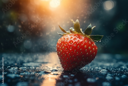 Single strawberry in rain.