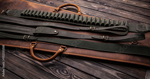 A set of leather rifle slings and a cartridge belt with bullet loops, laid out on a wooden surface, showcasing craftsmanship and durability. photo