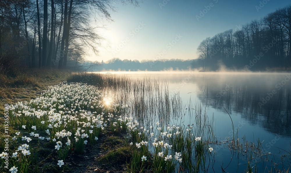 Fototapeta premium Serene sunrise over misty lake with wildflowers.