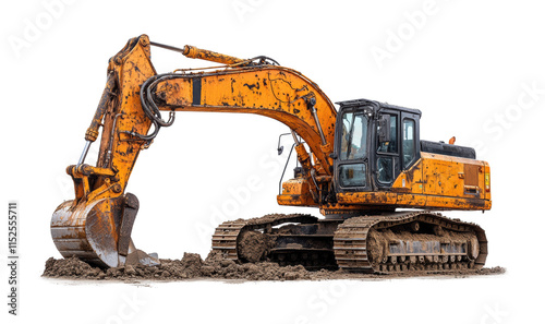 Rusty yellow excavator for heavy construction, industrial digging machine on white background, construction site equipment isolated on transparent background photo