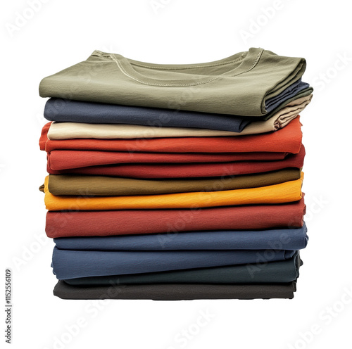 Stack of colorful folded t-shirts, casual apparel, neatly arranged clothing, vibrant colors, isolated on transparent background, fashion basics, wardrobe essentials, clothing stack