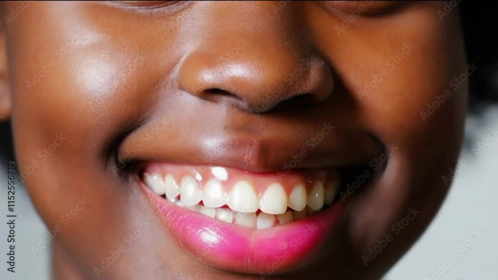 Smiling girl with bright lipstick shares a joyful moment. Healthy and perfect teeth concept Smiling girl with bright lipstick shares a joyful moment. Healthy and perfect teeth concept