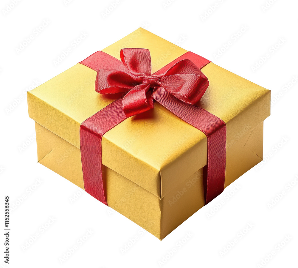 Golden gift box with red satin ribbon bow, luxurious present packaging for holidays, celebrations, and special occasions, isolated on transparent background Golden gift box with red satin ribbon bow, luxurious present packaging for holidays, celebrations, and special occasions, isolated on transparent background