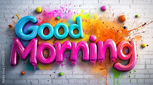 Vibrant Good Morning Greeting: Colorful 3D Lettering on a Brick Wall