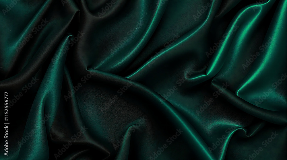 Obraz premium Elegant dark green satin fabric with luxurious folds and a smooth, shiny texture. Perfect for backgrounds, product displays, or fashion-related designs. Not velvet.