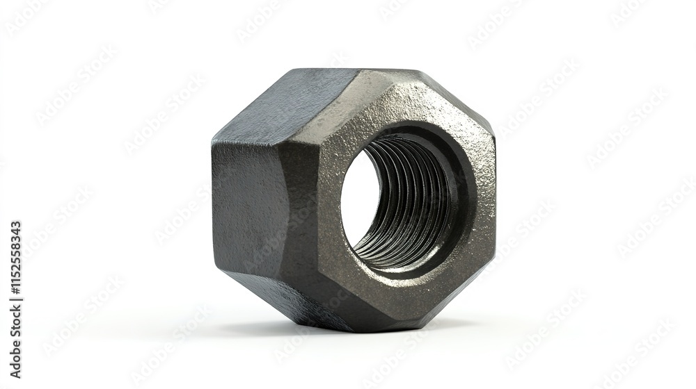 A medium-sized steel hexagonal nut in black metallic color, placed on a pure white background, showcasing realistic details with visible internal threading and a soft reflection on its surface, A medium-sized steel hexagonal nut in black metallic color, placed on a pure white background, showcasing realistic details with visible internal threading and a soft reflection on its surface,