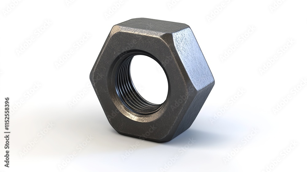 A medium-sized steel hexagonal nut in black metallic color, placed on a pure white background, showcasing realistic details with visible internal threading and a soft reflection on its surface, A medium-sized steel hexagonal nut in black metallic color, placed on a pure white background, showcasing realistic details with visible internal threading and a soft reflection on its surface,