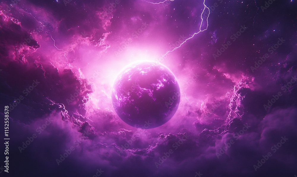 Obraz premium Purple planet with storm clouds, lightning.
