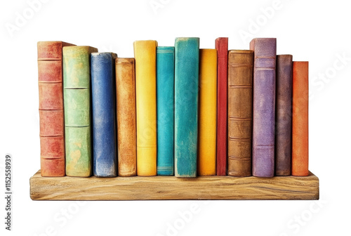 Row of vintage hardcover books with colorful covers standing on wooden shelf, antique literature collection isolated on transparent background, library and reading themes photo