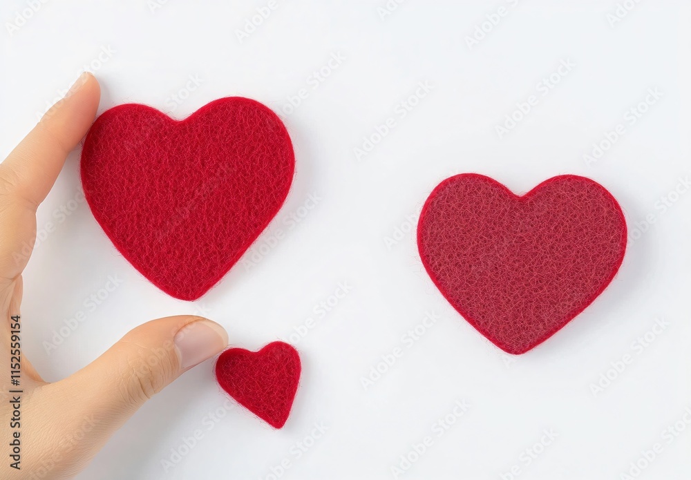 Three Red Felt Hearts on White Background, Love Concept Three Red Felt Hearts on White Background, Love Concept