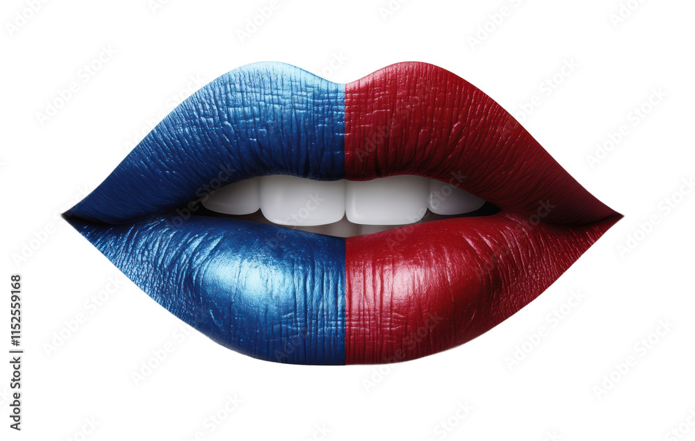 Glossy lips with gradient red and blue lipstick, vibrant color makeup detail, artistic beauty close-up, sensual fashion aesthetic isolated on transparent background Glossy lips with gradient red and blue lipstick, vibrant color makeup detail, artistic beauty close-up, sensual fashion aesthetic isolated on transparent background