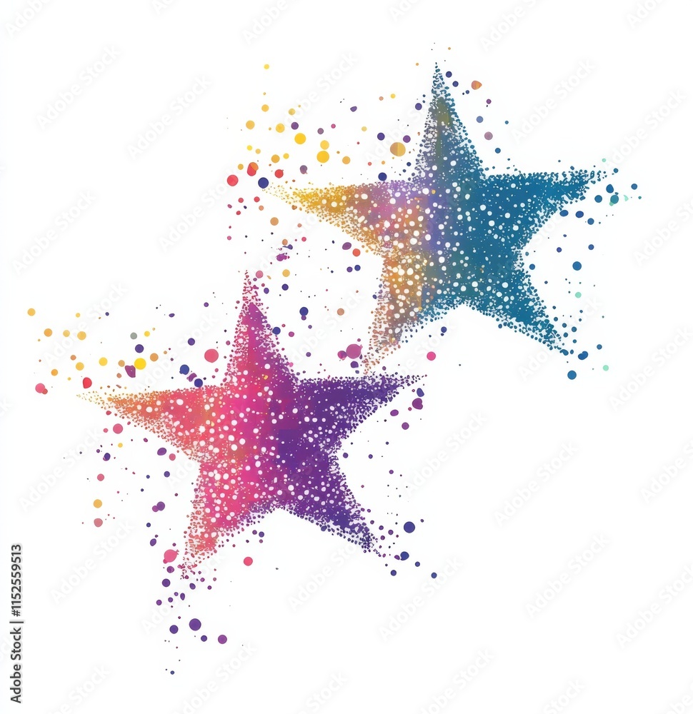 Portrait of three stars made up of dots and particles in different colors, set against a white background Portrait of three stars made up of dots and particles in different colors, set against a white background