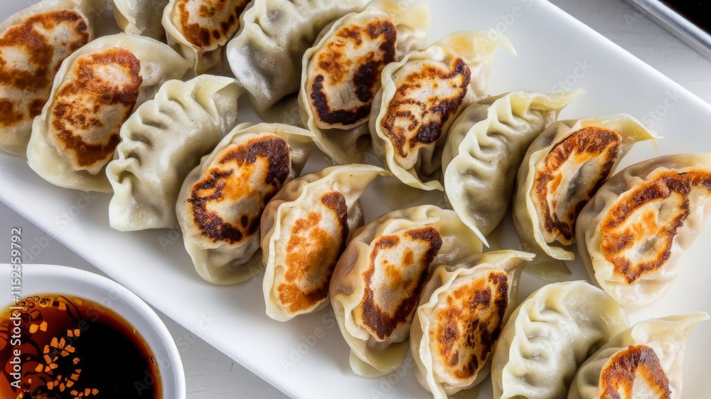 Crispy gyoza dumplings arranged neatly on a white plate