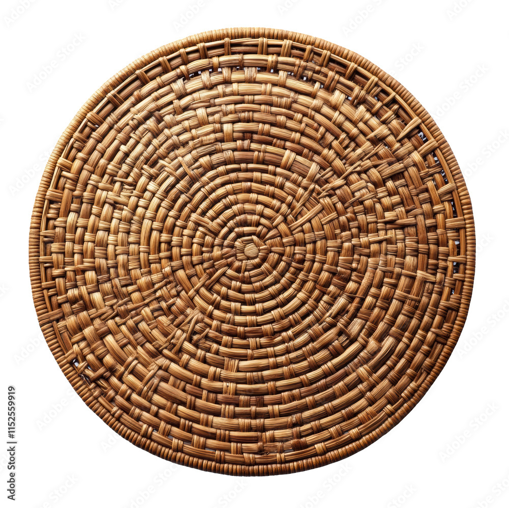 Fototapeta premium Round woven rattan basket with intricate natural texture, handwoven artisan craft in earthy tones, isolated on transparent background