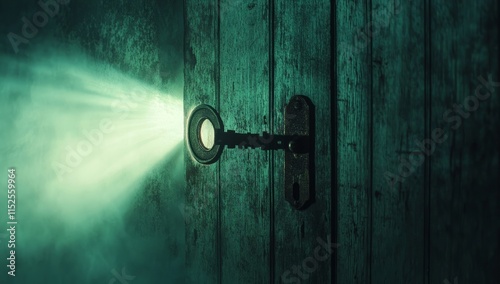 A key and door lock glow with light, symbolizing Jesus as the door and faith as the key. photo