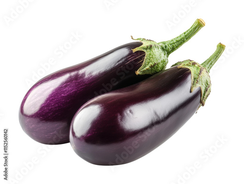 Two fresh eggplants with shiny purple skin and green stems, organic vegetable for healthy cooking, natural food, and diet ingredients isolated on transparent background photo