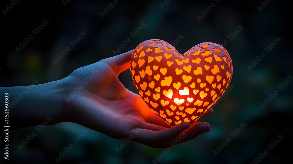 A hand gently cradles a glowing heart-shaped lantern, its surface adorned with numerous smaller hearts. The warm light creates a romantic and hopeful atmosphere. A hand gently cradles a glowing heart-shaped lantern, its surface adorned with numerous smaller hearts. The warm light creates a romantic and hopeful atmosphere.