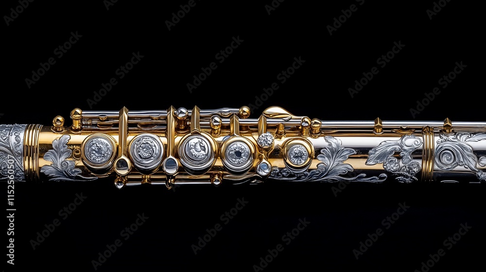 Fototapeta premium Ornate gold and silver flute close-up.
