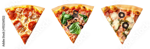 three slices of pizza with different toppings isolated on a transparent background the first slice is a classic pepperoni pizza. the second slice has tuna. olives. and basil. and the third slice has h photo