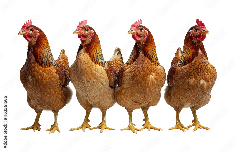 Fototapeta premium Brown farm chickens standing in a row displaying feathers and distinct features in a rural setting during daylight. Isolated on transparent background, png.