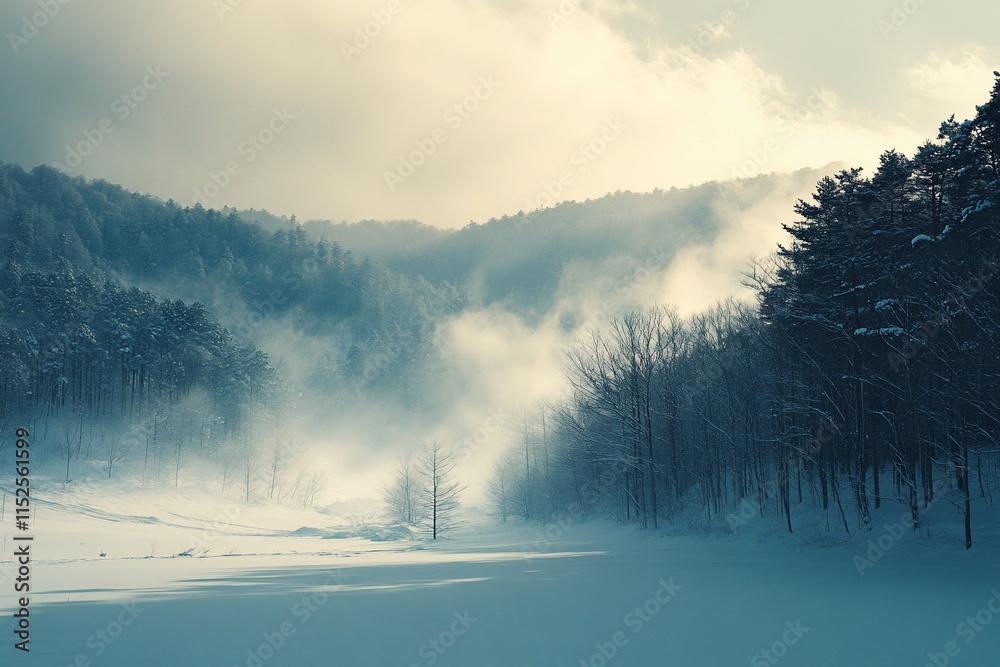 Misty winter landscape with snow-covered trees and frozen lake. Misty winter landscape with snow-covered trees and frozen lake.