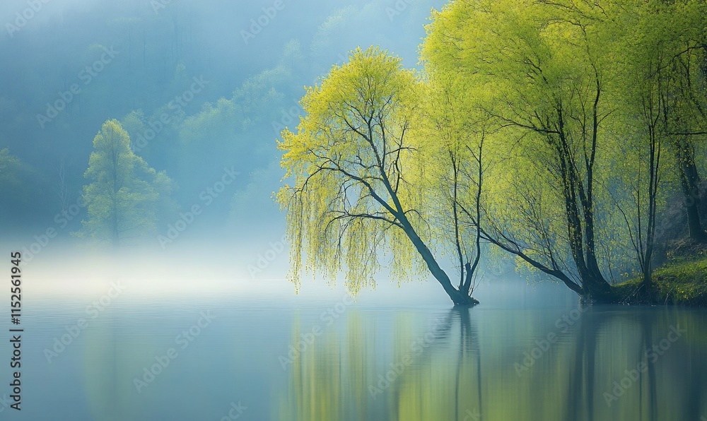 Fototapeta premium Misty lake shore with vibrant spring trees reflecting in water.