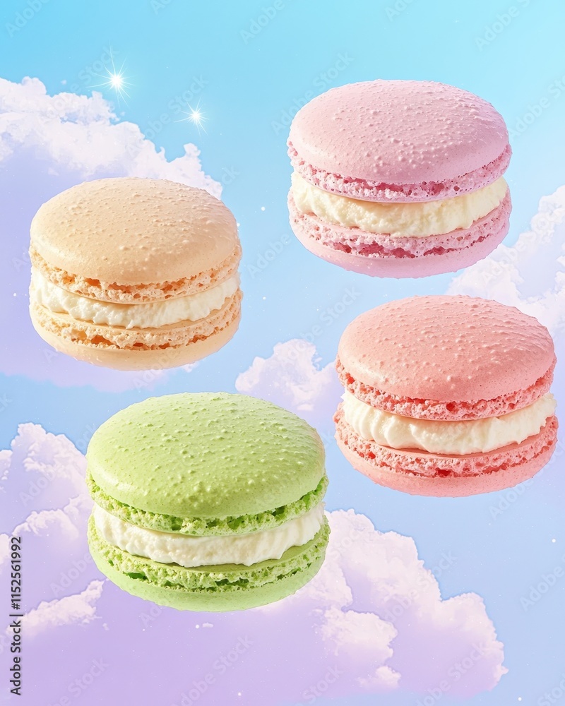 Delightful macarons on a dreamy cloud background sweet treats digital art whimsical atmosphere bright colors dessert concept Delightful macarons on a dreamy cloud background sweet treats digital art whimsical atmosphere bright colors dessert concept