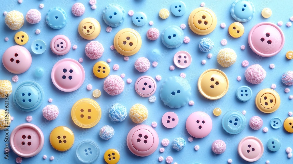 A colorful arrangement of buttons and pom-poms on a blue background, showcasing creativity. A colorful arrangement of buttons and pom-poms on a blue background, showcasing creativity.