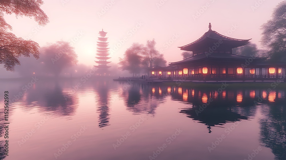 Naklejka premium Serene Asian Pagoda Sunset Lakeside Temple Scene