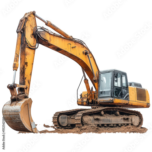 a yellow excavator with a large metal bucket is sitting on a dirt field it is facing the left side and the bucket is facing the ground the excavator has tracks and a large cab that appears to be empty