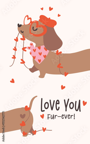 Cute Valentine Dachshund Dog love Card Retro Cartoon Illustration Printable