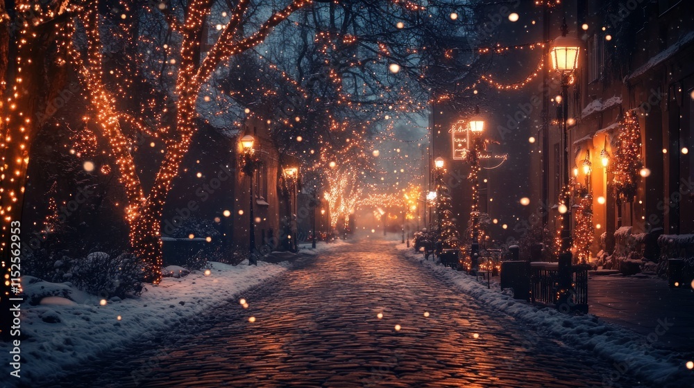 A cobblestone road during a snowy winter evening, warmly lit by festive holiday lights A cobblestone road during a snowy winter evening, warmly lit by festive holiday lights