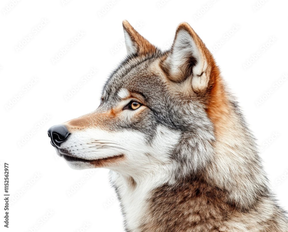 Fototapeta premium Wolf head profile showcasing its features and fur texture. Isolated on transparent background, png.