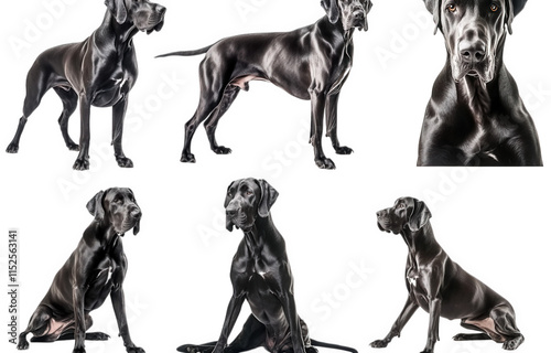 a black great dane dog poses in various positions against a transparent background the dog is shown standing. sitting. and looking at the camera the dog is well-groomed and appears to be healthy and h photo