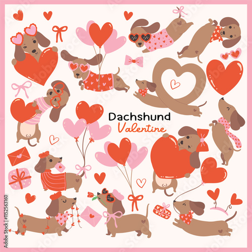 Group of Cute Valentine Dachshund Dog delivery love Retro Cartoon element Illustration